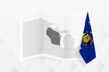 Wisconsin 'in gri tonlarında bir haritası. Bir tarafında Wisconsin bayrağı asılı. Pek çok haber türü için vektör haritası.