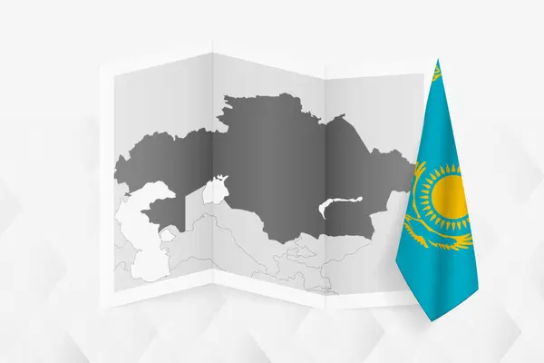 Grayscale Map Kazakhstan Hanging Kazakhstani Flag One Side Vector Map — Stock Vector