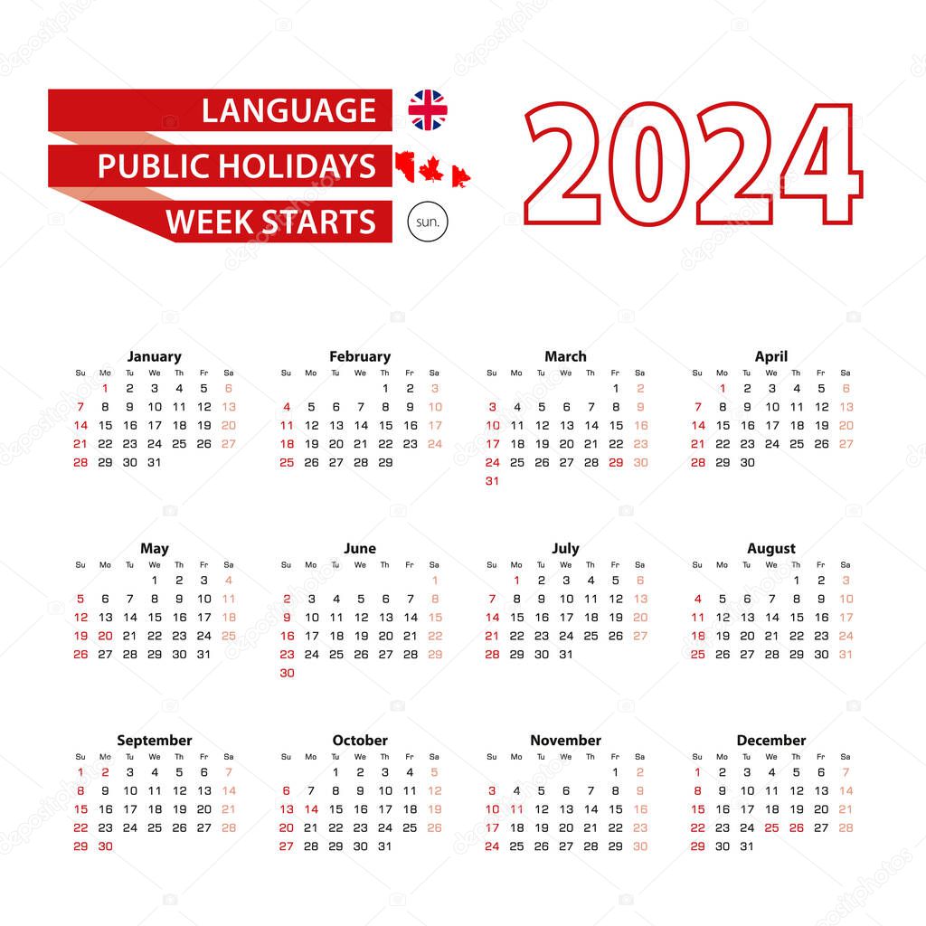 Calendario 2025 Idioma Inglés Con Días Festivos País Canadá Año Vector