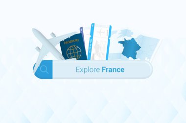 Fransa 'ya bilet aramak ya da Fransa' ya seyahat etmek. Uçak, pasaport, biniş kartı, bilet ve harita ile barın aranması.