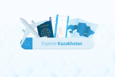 Kazakistan 'a ya da Kazakistan' a bilet aramak. Uçak, pasaport, biniş kartı, bilet ve harita ile barın aranması.