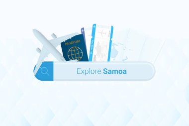 Samoa 'ya ya da Samoa' ya bilet aramak. Uçak, pasaport, biniş kartı, bilet ve harita ile barın aranması.