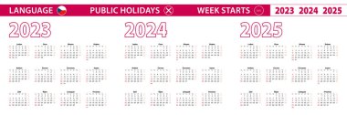 2023, 2024, 2025 yılı Çek dilinde vektör takvimi, hafta pazar günü başlar.