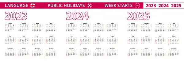 2023 2024 2025 Anno Calendario Vettoriale Lingua Inglese Settimana Inizia — Vettoriale Stock