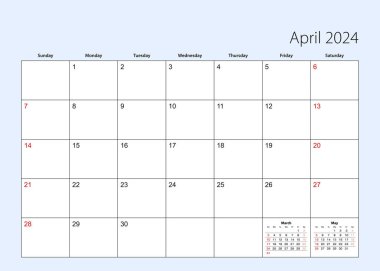 Nisan 2024 için duvar takvimi planlayıcısı. İngilizce, hafta pazar gününden itibaren başlıyor..