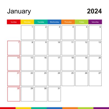 2024 Ocak Renkli Duvar Takvimi, Hafta Pazar günü başlıyor.