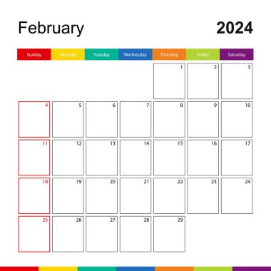 Şubat 2024 Renkli Duvar Takvimi, Hafta Pazar günü başlıyor.