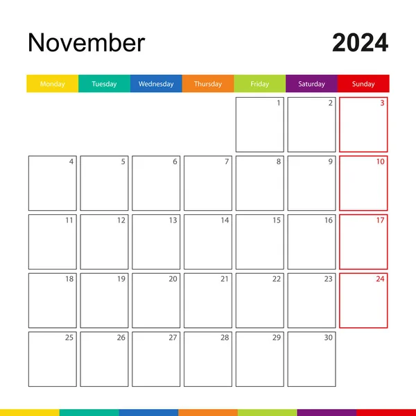 stock vector November 2024 colorful wall calendar, week starts on Monday.