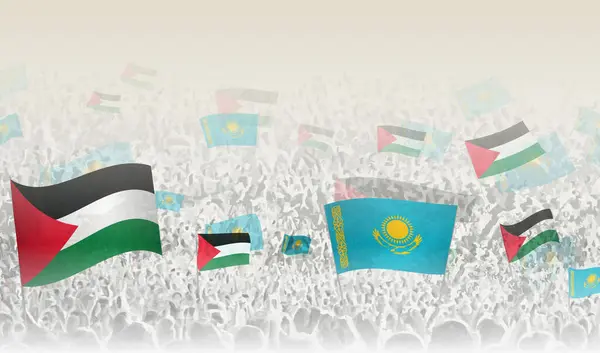 Palestine Kazakhstan Flags Crowd Cheering People — Stock Vector