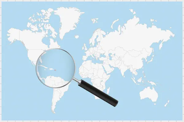 stock vector Magnifying glass showing a map of Puerto Rico on a world map.