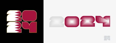 Katar bayrağı ve Katar bayrağı renginde 2024 yılı. Mutlu yıllar 2024 İki farklı stilde.