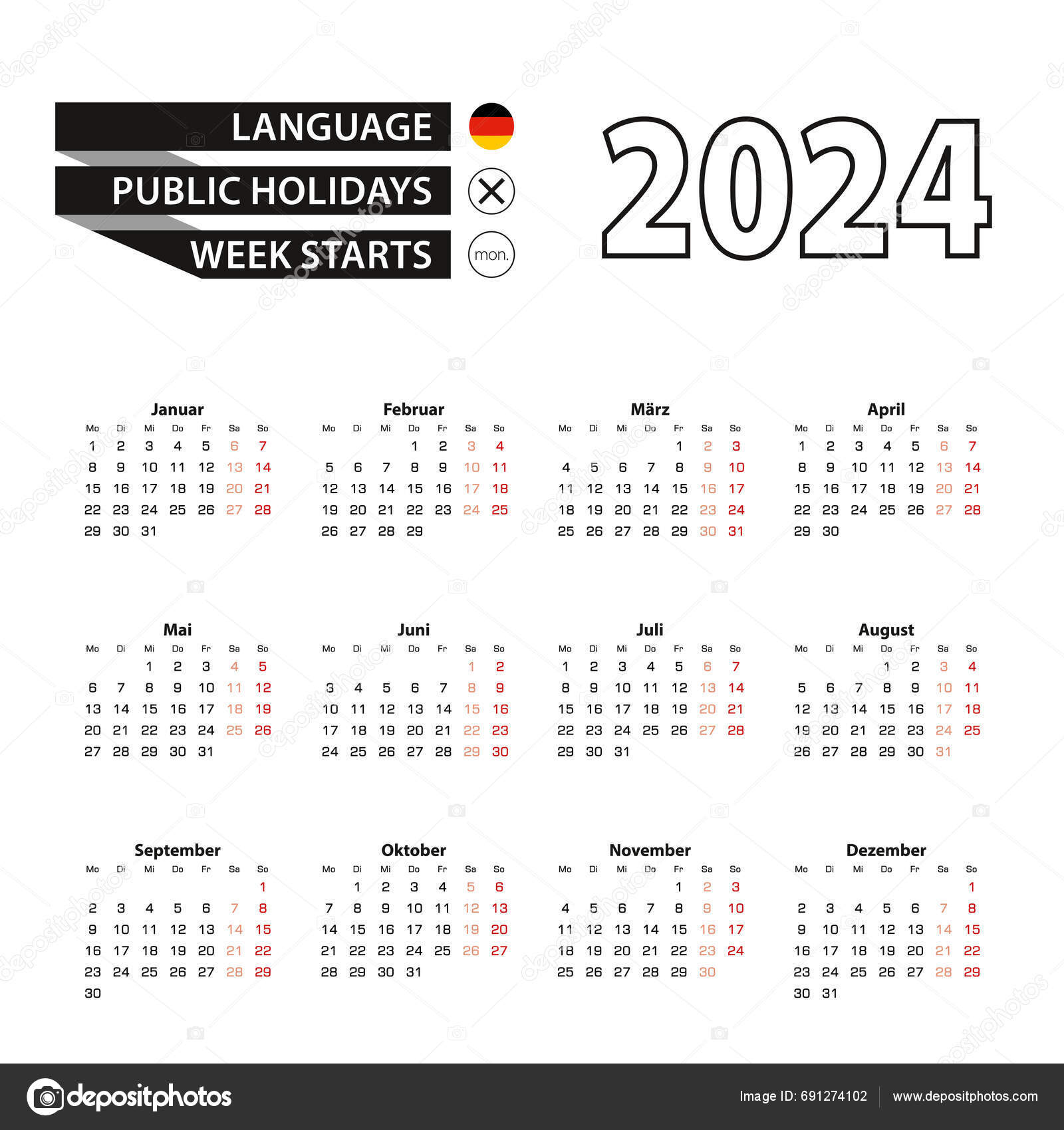Calendar 2024 German Language Week Starts Monday Stock Vector by ©boldg