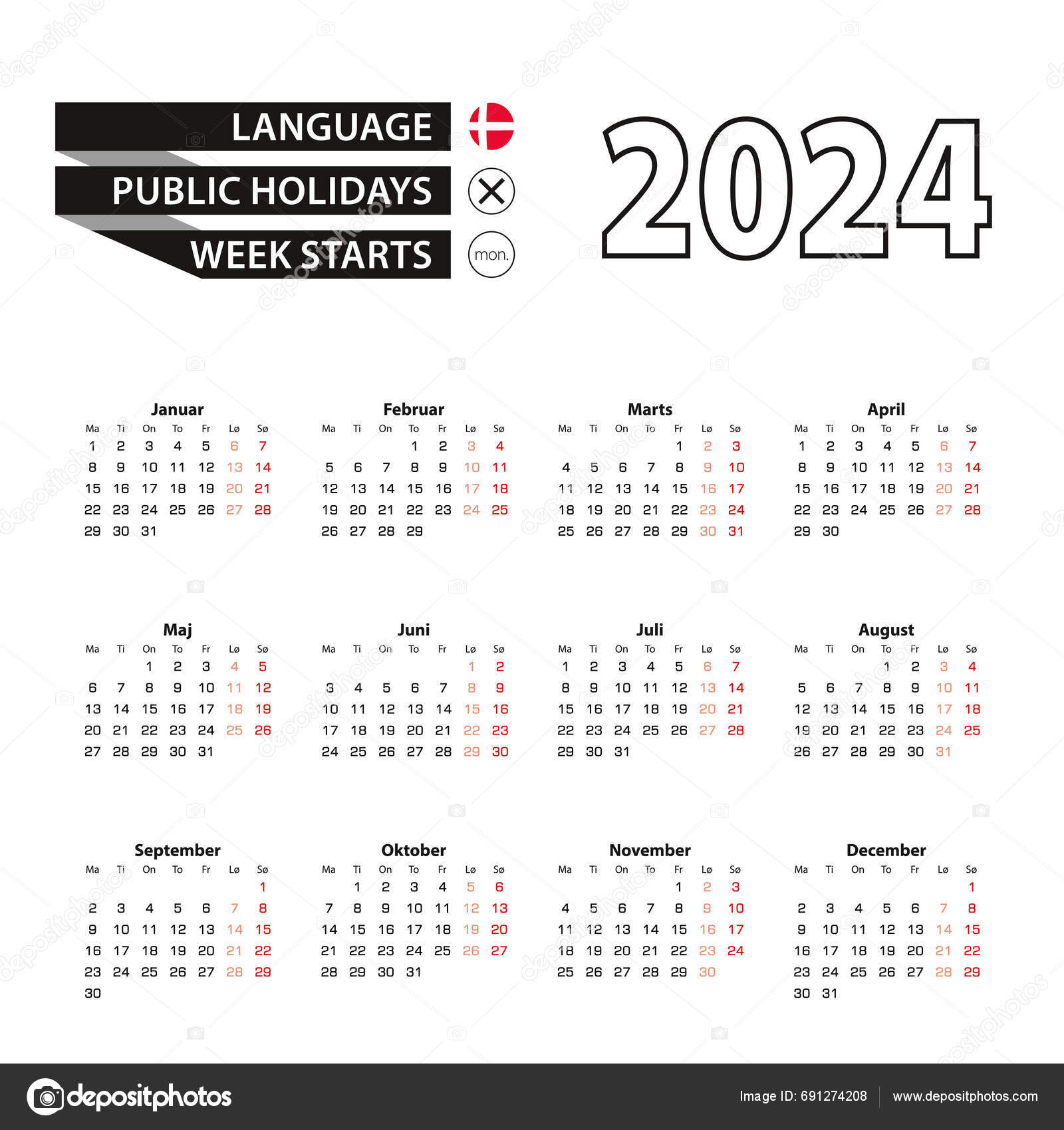 Calendar 2024 Danish Language Week Starts Monday Stock Vector by ©boldg