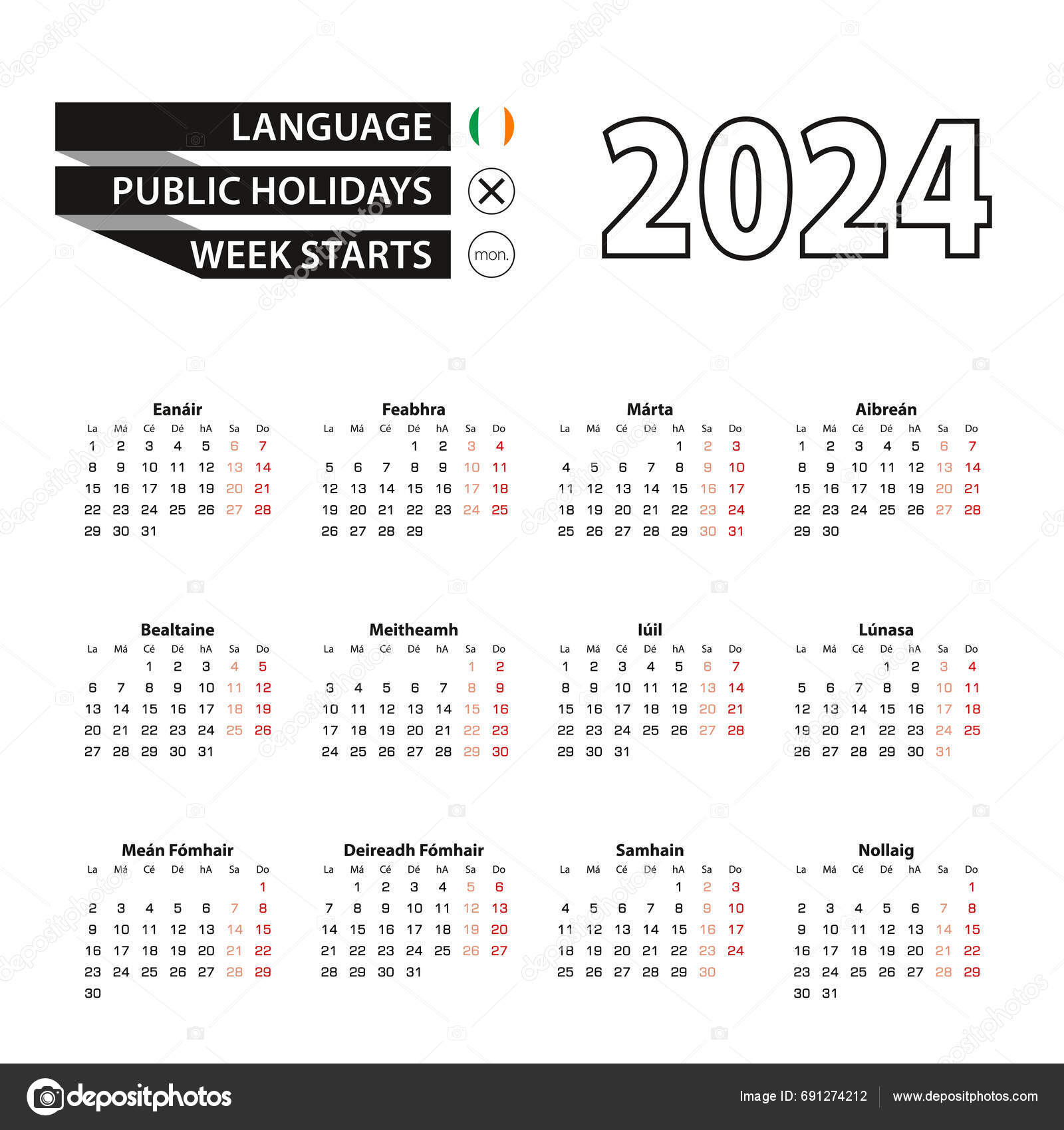Calendar 2024 Irish Language Week Starts Monday Stock Vector by ©boldg ...