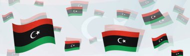 Libya bayrak temalı bir pankartta soyut tasarım. Ulusal bayraklı soyut arkaplan tasarımı.