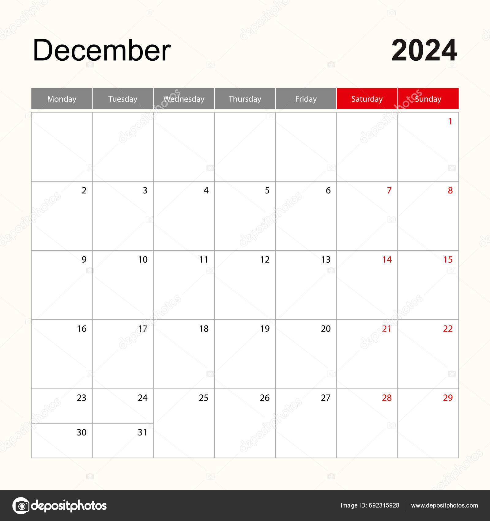 Muur Kalender Template Voor December 2024 Vakantie Evenement Planner