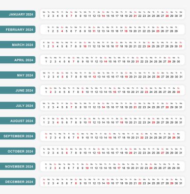 Yatay bir satır takvim 2024, sizin için bir satır takvim şablonu.