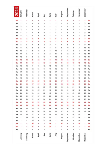 stock vector One row vertical calendar 2024, sunday first day of the week.