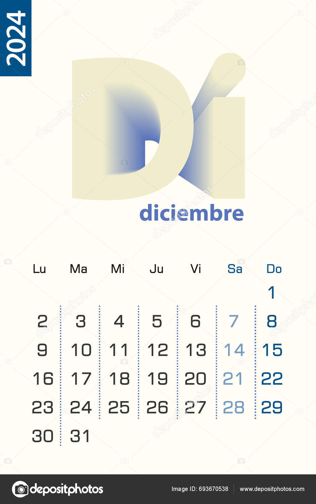 Minimalist Calendar Template December 2024 Vector Calendar Spanish
