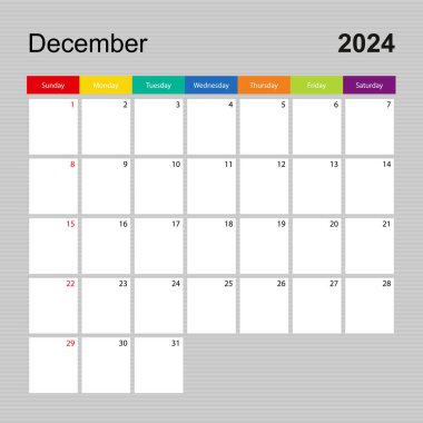 Aralık 2024 takvim sayfası, renkli tasarımlı duvar planlayıcısı. Hafta pazar günü başlıyor..