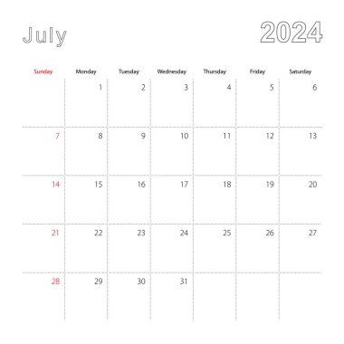 Temmuz 2024 için noktalı çizgileri olan basit bir duvar takvimi. Takvim İngilizce, haftaya pazar günü başlıyor..