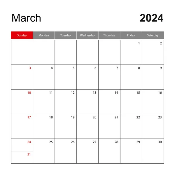 Plantilla de calendario de pared para marzo de 2025. Planificador de