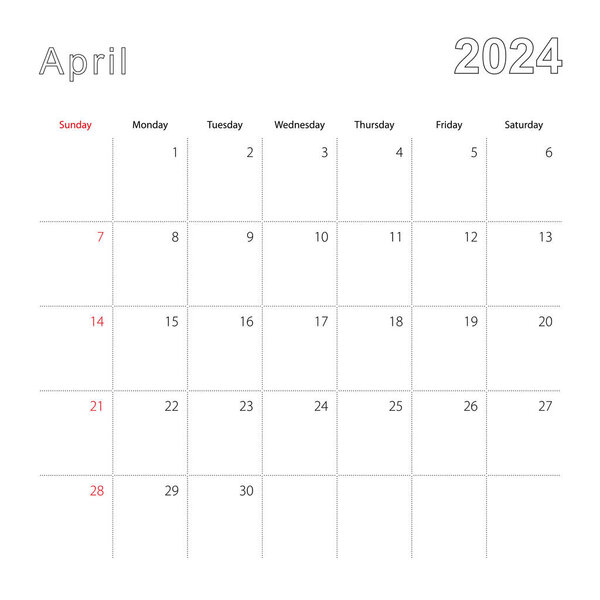 Simple wall calendar for April 2024 with dotted lines. The calendar is in English, week start from Sunday.