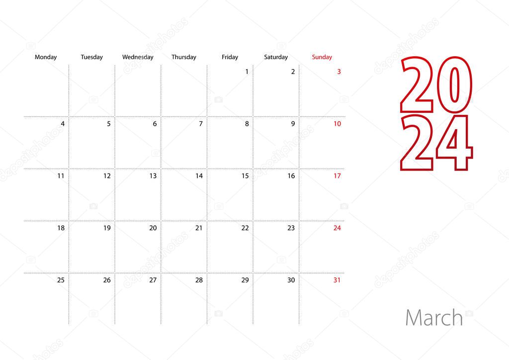 Calendario de marzo de 2024 en diseño moderno, plantilla de