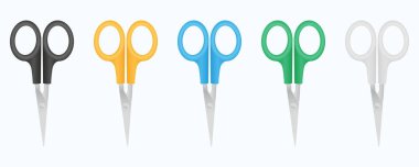 Beyaz arkaplanda izole edilmiş renkli makas seti. Vektör illüstrasyonu.