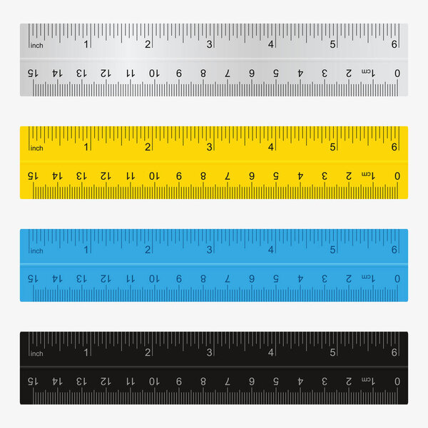 Set of short school rulers in different color isolated on a white background. Vector illustration.