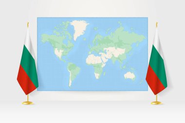 Bulgaristan bayraklarının asılı olduğu iki bayrak arasındaki Dünya Haritası.