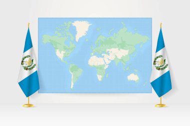 Guatemala bayrağının asılı olduğu iki bayrak arasındaki Dünya Haritası.