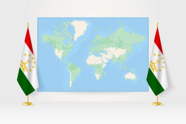 Tacikistan bayrağının asılı olduğu iki bayrak arasındaki dünya haritası..
