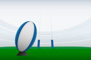 Rugby maçına hazırlanıyor, kale direkleri arasına atmak için topa vuruyor. Vektör illüstrasyonu.