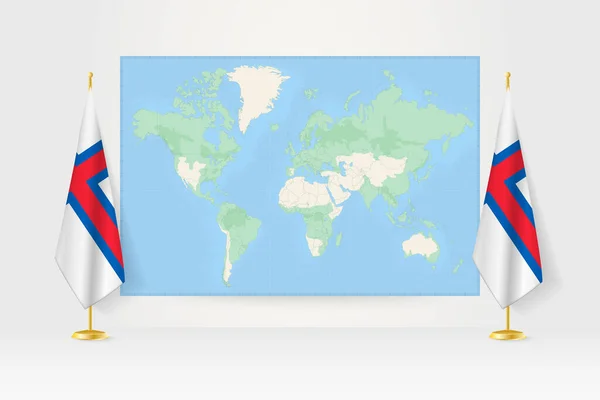 Wereldkaart Tussen Twee Hangende Vlaggen Van Vlaggenstandaard Faeröer Stockillustratie