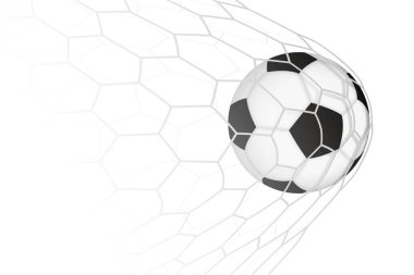 Futbol ya da gol ağındaki futbol topu, maçtaki gol anın çizimi. Vektör illüstrasyonu.