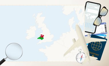 Galler haritası ve bayrağı, Galler 'in detaylı haritasında bayraklı kargo uçağı.