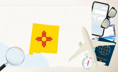 New Mexico haritası ve bayrağı, New Mexico 'nun detaylı haritasında bayraklı kargo uçağı.