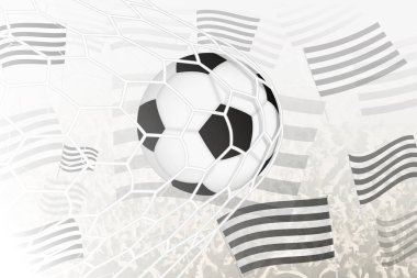 Arka planda siyah beyaz futbol kulübü bayrağı olan futbol topu ağda. Spor illüstrasyonu.