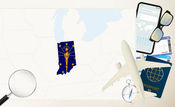 Indiana map and flag, cargo plane on the detailed map of Indiana with flag.