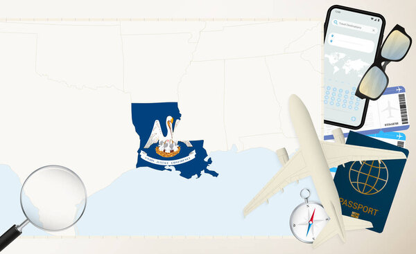 Louisiana map and flag, cargo plane on the detailed map of Louisiana with flag.