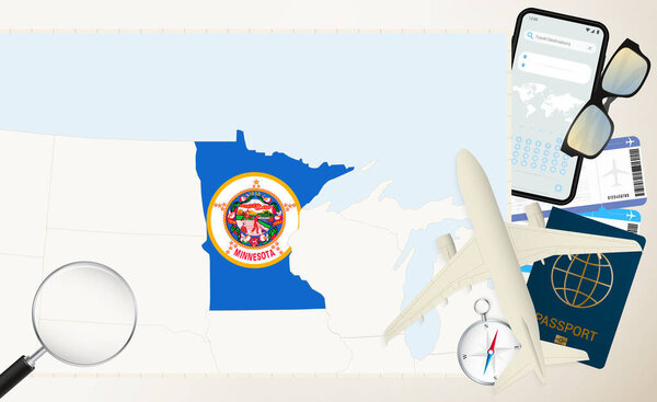 Minnesota map and flag, cargo plane on the detailed map of Minnesota with flag.