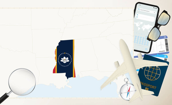 Mississippi map and flag, cargo plane on the detailed map of Mississippi with flag.