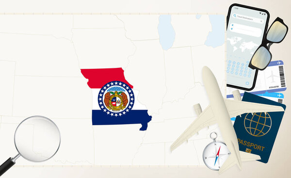 Missouri map and flag, cargo plane on the detailed map of Missouri with flag.