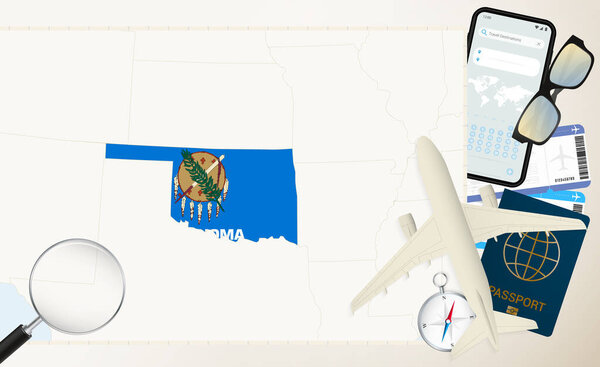 Oklahoma map and flag, cargo plane on the detailed map of Oklahoma with flag.