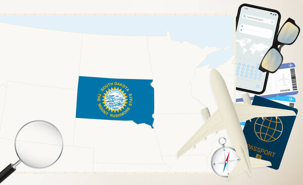 South Dakota map and flag, cargo plane on the detailed map of South Dakota with flag.