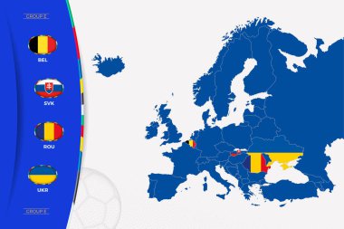 2024 Avrupa Futbol Turnuvası E grubuna katılan ülkelerin işaretli haritalarıyla Avrupa haritası. E grubunun bayrak simgesi.
