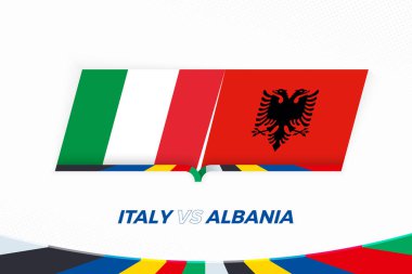 İtalya, B Grubu Futbol Yarışmasında Arnavutluk 'a karşı. Futbol arka planında karşıt simge.