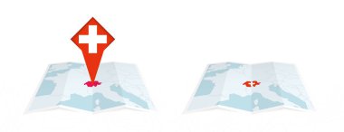 İsviçre katlı haritanın iki versiyonu, birinin üzerinde bayrak ve diğerinin haritasında bayrak var. Hem yazdırma hem de çevrimiçi tasarım için şablon.