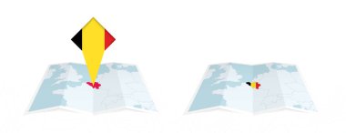 Belçika 'nın katlanmış haritasının iki versiyonu. Birinde ülke bayrağı, diğerinde de haritada bayrak var. Hem yazdırma hem de çevrimiçi tasarım için şablon.